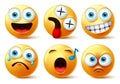 Smiley emoji face vector set. Smileys emojis or emoticon cute faces with happy, dizzy, singing, angry, surprise, sad and crying.