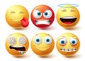 Smiley emoji face vector set. Smileys and emoticon happy, hungry and angry icon collection Royalty Free Stock Photo