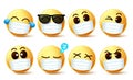 Smiley emoji facemask vector set. Smiley emoji with covid-19 face mask and eye expressions Royalty Free Stock Photo