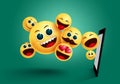 Smiley emoji mobile apps vector design. Emoticon emoji yellow face from mobile phone apps element in green background.