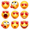 Smiley Emoji With Red Heart Vector Set. Valentines Day Yellow Cartoon Emoticons Face. Love Feeling Expression.