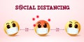 Smiley emoji social distancing vector sign. Social distancing text with smiley emoji preventing covid-19 coronavirus Royalty Free Stock Photo