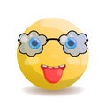 Smiley Emoji stuck out his tongue, with blue eyes, in cloud-shaped glasses with a black frame and blue glass.