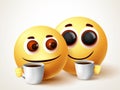 Smiley emoji sweet couple drinking coffee vector characters.