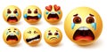 Smiley emoji in tears vector set. Smileys yellow face in crying, sad, broken hearted