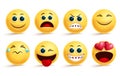 Smiley emoji vector set. Emoji smileys yellow face and emoticon with in love, angry, happy, and naughty.