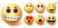 Smiley emoji vector set. Emojis yellow cute face with happy, in love, sleepy, vomit