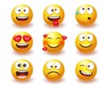 Smiley emoji vector set. Smileys 3d yellow icon in angry, laughing and crying facial expressions isolated in white background. Royalty Free Stock Photo