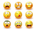 Smiley emoji vector set. Smileys 3d yellow icon in angry, laughing and crying facial expressions isolated in white background.