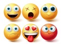 Smiley emoji vector set. Smileys emoticon happy, angry, in love and dizzy icon collection Royalty Free Stock Photo