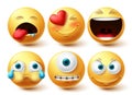 Smiley emoji vector set. Smileys emoticon happy, cute, crying and cyclops eye yellow icon collection Royalty Free Stock Photo