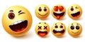 Smiley emoji vector set. Smileys yellow face cute emojis with funny, happy, naughty