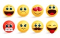 Smiley emoji vector set. Yellow smileys emoji and emoticon with cute angry, in love, sad and excited facial expressions.