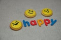 Smiley emojies biscuit with the word happy Royalty Free Stock Photo