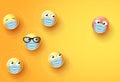 Smiley emojis social distancing vector background. Emoji and emoticon wearing face mask Royalty Free Stock Photo