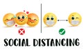 Smiley emojis social distancing vector sign. Social distancing text warning instruction with emoji or emoticon in two scenario. Royalty Free Stock Photo