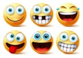 Smiley emojis vector face set. Smileys emoticons and emoji cute faces in crazy, funny, excited, laughing, and toothless facial.