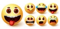 Smiley emojis vector set. Smileys emoji cute yellow face with naughty, angry