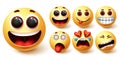 Smiley emojis vector set. Smileys emoji yellow face with happy, excited, hungry