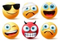Smiley emoticon or emoji face vector set. Smileys yellow face icon and emoticons in devil, injured, surprise, angry.