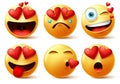 Smiley emoticon and emoji with heart vector faces set. Smileys emoticons of red heart with in love, broken, kissing, surprise.