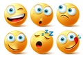 Smiley emoticon faces vector set. Smileys emoticons of yellow face in naughty, sleepy, hungry, surprise.