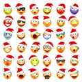 Smiley emoticon set. Yellow face with emotions and Christmas hat. New Year Santa.Winter emoji. Sad,happy,angry faces Royalty Free Stock Photo