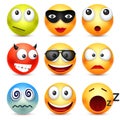 Smiley,emoticon set. Yellow face with emotions,mood. Facial expression, realistic emoji. Sad,happy,angry faces.Funny Royalty Free Stock Photo