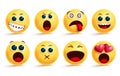 Smiley emoticon vector set. Smileys emoji and yellow face emoticons with dizzy, shouting, in love and happy cute facial expression Royalty Free Stock Photo