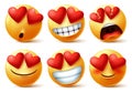 Smiley emoticons or emojis face with heart eye vector set. Smileys emoji of red hearts with in love, broken, blissful, happy. Royalty Free Stock Photo