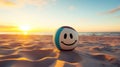 Smiley Face Ball on Sandy Beach at Sunset Royalty Free Stock Photo