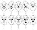 Smiley face balloon. Funny outline balloons with faces and smiles. Vector illustrations.