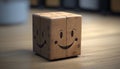 Smiley face and cart icon on wood cube with white background