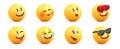 Smiley face 3d icons or yellow emojies with dofferent happy expressions, spheric characters loaughing, in love and cool Royalty Free Stock Photo