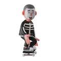 Smiley Face 3D Skeleton Boy Cartoon Design standing on a skateboard