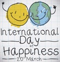 Smiley Face and Globe Doodles Celebrating International Day of Happiness, Vector Illustration