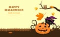 Smiley face Halloween pumpkin, cute black cat and little owl with falling maple leaves. Cartoon character flat design vector