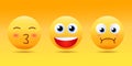 Smiley face icons or emoticons with set of different facial expressions in glossy 3D realistic isolated in yellow Royalty Free Stock Photo