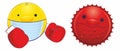 A smiley face with a medical mask over its mouth and Boxing gloves fights the coronavirus. Sick frightened emoji with flu mask iso