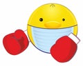 A smiley face with a medical mask over its mouth and Boxing gloves fights the coronavirus. Sick frightened emoji with flu mask iso