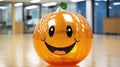 A smiley face pumpkin sitting on the floor in an office, AI