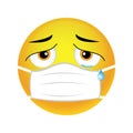 Smiley face is sick and crying with a medical mask, vector.