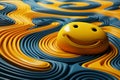 a smiley face sits on top of a wavy surface