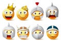 Smiley face vector character set. Smileys and emoticons characters of king, queen, knights, warriors wearing crown and armor Royalty Free Stock Photo