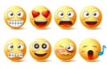 Smiley face vector set. Smileys icons and emoticons with funny, happy, inlove, singing and hurt