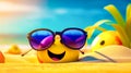 Smiley face wearing sunglasses laying on beach with ball and sunglasses. Generative AI Royalty Free Stock Photo