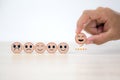 Smiley face on wooden toy for customer services rating feedback satisfaction survey business review questionnaire development for Royalty Free Stock Photo