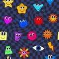 Smiley faces stickers, trippy seamless pattern. Retro trendy check distortion background Royalty Free Stock Photo