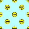 Smiley faces vector seamless pattern. Yellow Smile in sunglasses. Emoji icons in pixel art on blue background. digital flat 8 bit