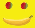 Smiley fruit face made from a banana and 2 apples with a yellow background. Fruity! Royalty Free Stock Photo